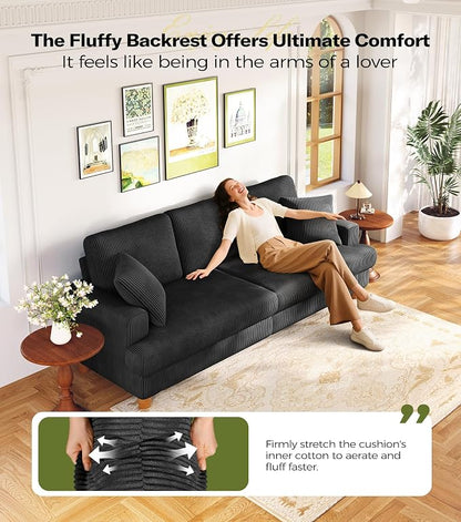 87in Corduroy Couch, Kidirect Sofa No Tool Assembly, Comfy Couches for Living Room 21in Deeper Seats, Corduroy Sofas for Living Room with 2 Pillows, Oversized Loveseat Sofa, Boho Love Seat Black Couch