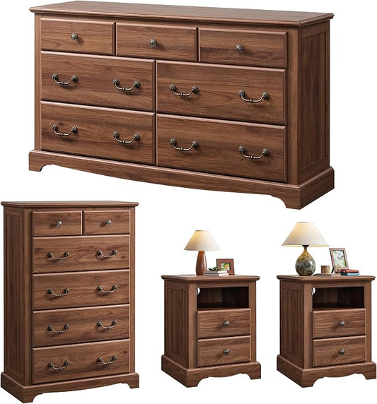 T4TREAM Farmhouse Dressers & Night Stand Set of 4, 54" Wide 7 Drawer Dresser & 48" Tall 6 Drawers Chests, 18" Wide 2 Drawers Side Table Set of 2, Furniture Dresser Sets for Home, Light Walnut