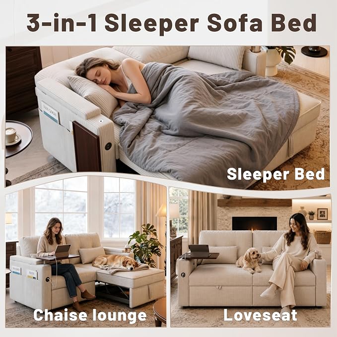 73" Queen Size Sofa Bed, Loveseat Sleeper Sofa with Pull Out Bed, 360° Swivel Table and USB, Modern 2 Seater Convertible Corduroy Couch for Living Room Bedroom Apartment, Beige