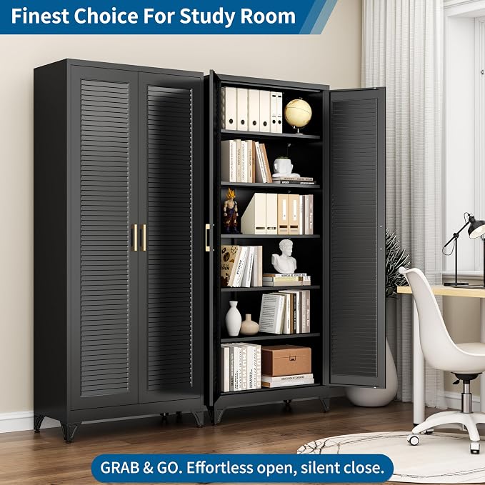 75" Metal Storage Cabinet with 5 Adjustable Shelves, Large Black Steel Pantry Cabinet with Doors, 180 lbs Max Load Per Shelf, Heavy Duty Utility Organizer for Garage & Workshop