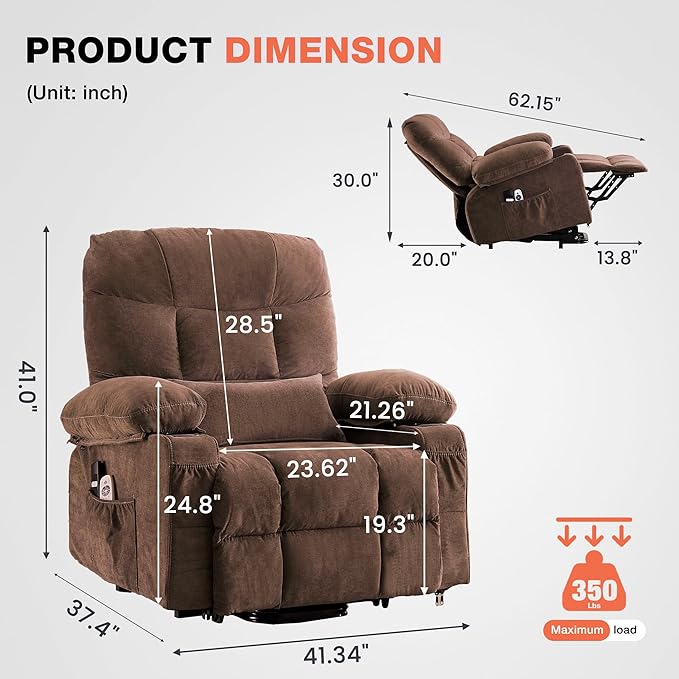 MAHOMICO Power Lift Recliner Chair for Elderly with Vibration Massage and Lumbar Heating, Electric Lift Recliner Single Sofa with Side Pocket, Two Cup Holders and USB Charge Port for Living Room