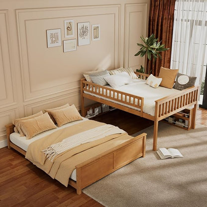 Full XL Over Queen Bunk Bed, Wood Bunk Bed with Integrated Shelving, Color-Changing Lights and Pegboard for Kids Teens Adults, Brown