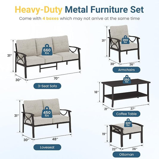 RoyalCraft Outdoor Patio Furniture Set, 9 Seats Outdoor Patio Set with 4" Thick Cushion, All-Weather Metal Patio Sofa with Coffee Table, Outdoor Sectional Furniture for Porch Backyard, Khaki&Beige