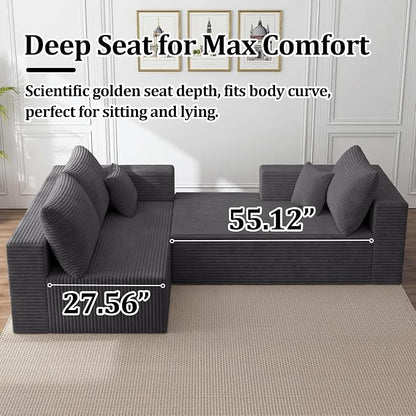 92.5" Modular Sectional Sofa, L-Shaped Cloud Couch with Deep Seats & Chaise, Convertible 4-in-1 Corduroy Boneless Couches for Living Room, Bedroom, No Need Assembly - Grey(Right Facing Chaise)