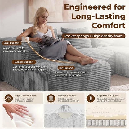 Modular Sectional L-Shaped Sofa with Deep Seat, Modern Boneless Comfy Corduroy Fluffy Couch with Side Pockets and Anti-Slip & Floor-Friendly Bottom for Living Room, No Assembly, Light Grey