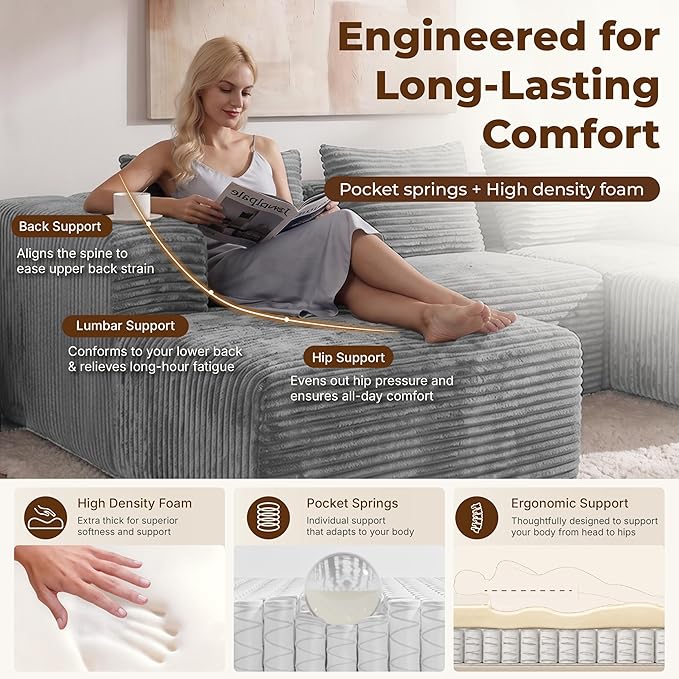 Modular Sectional U-Shaped Sofa with Deep Seat, Modern Boneless Comfy Corduroy Fluffy Couch with Side Pockets and Anti-Slip & Floor-Friendly Bottom for Living Room, No Assembly, Light Grey