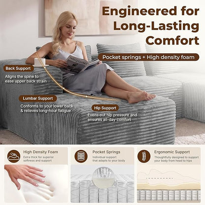 Modular Sectional U-Shaped Sofa with Deep Seat, Modern Boneless Comfy Corduroy Fluffy Couch with Side Pockets and Anti-Slip & Floor-Friendly Bottom for Living Room, No Assembly, Light Grey