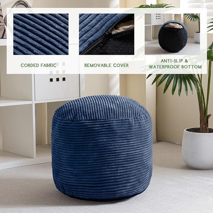 HIGOGOGO Round Stuffed Pouf Ottoman, Corduroy Poufs with Foam Chunk Filling, Furry and Fluffy Pouf Foot Stool Storage Ottoman, 26 X 18 Floor Poufs Foot Rest for Living Room, Bluestone