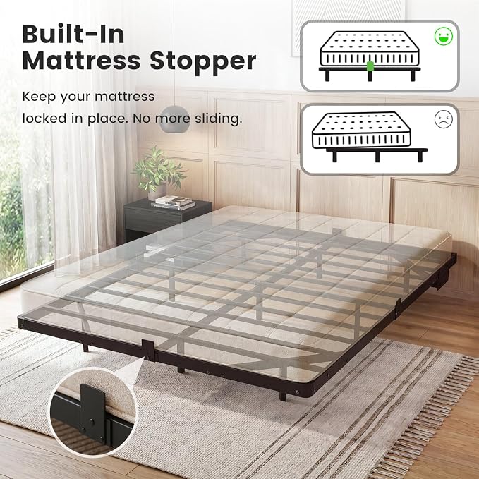 Liians Queen Size Floating Bed Frame with USB Charging Station and LED Lights, Modern Metal Platform Bed Frame with Mattress Slide Stopper, Noise Free No Box Spring Needed and Easy Assembly
