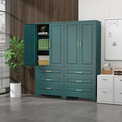 SteeLoong 75" Kitchen Pantry Cabinet with 3 Drawer,Metal Storage Cabinets with Doors and 2 Adjustable Shelves,Green Kitchen Cabinet with 2 Gold Handles,Food Cupboard for Livingroom,Pantry, Bathroom
