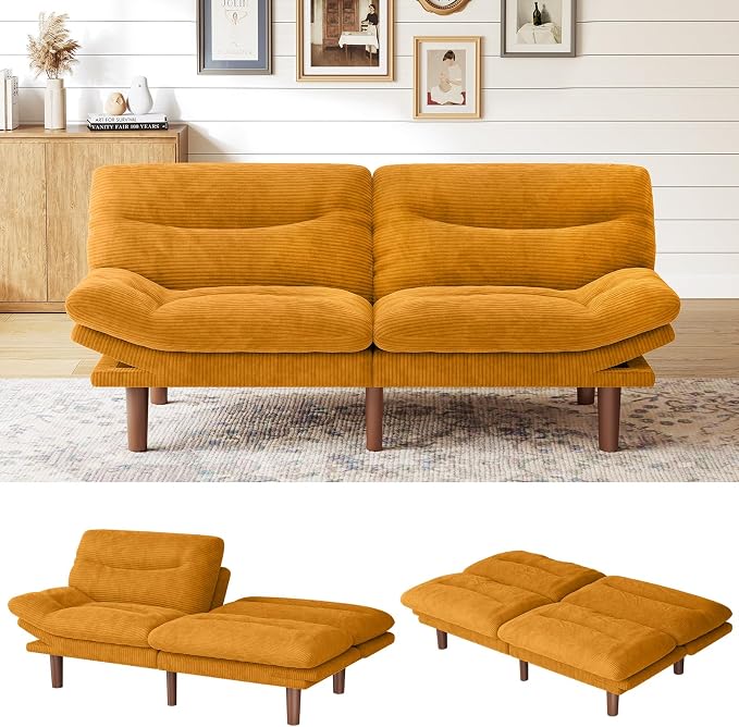 Marsail 66" Futon Sofa Bed, Convertible Corduroy Futon Couch with Adjustable Backrest & Armrests, Small Sleeper Sofa Loveseat for Living Room, Apartment, Office, Yellow
