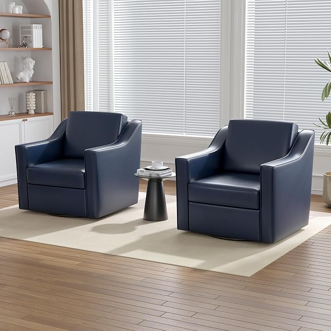 Swivel Accent Chairs Set of 2, 360° Swivel Upholstered Faux Leather Club Armchairs for Living Room, Comfy Single Sofa Reading Chair with Deep Seat, Metal Swivel Base, Navy