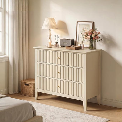 RoyalCraft Beige Fluted 3 Drawer Dresser, 32 inch Wide Dresser Nightstand for Bedroom, Modern Wood Chest of Drawers, Large Painted Nightstand with 3 Drawers for Closet, Hallway, Entryway