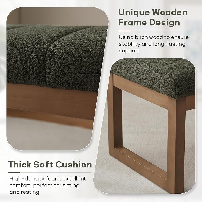 Zihanhome 52.7" Bedroom Bench for End of Bed, Modern Upholstered Teddy Fabric Entryway Bench & Dining Bench, Footrest Stool Bench with Solid Wood Frame for Bedroom, Living Room (Green)