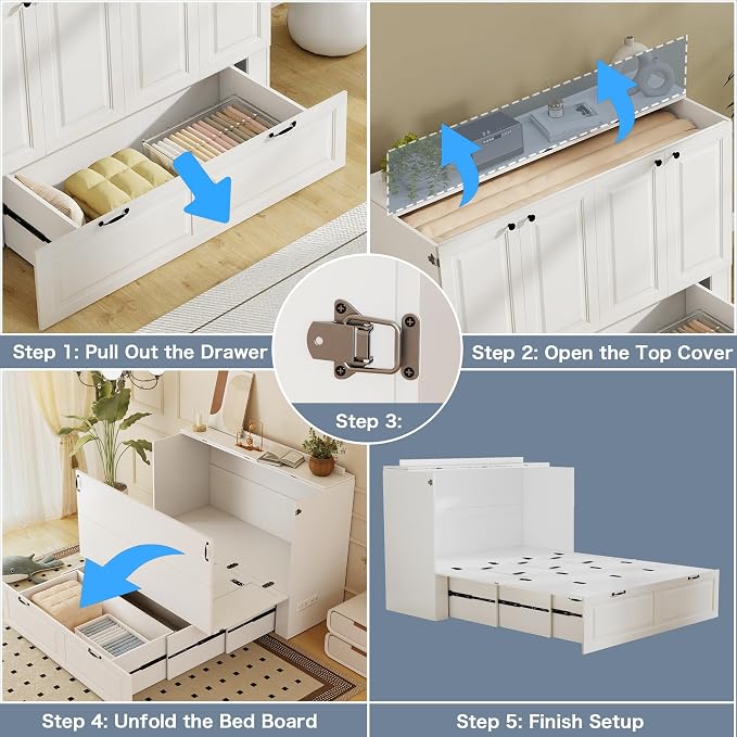 Full Murphy Bed Cabinet: White Cabinet Bed with Charging Station, Cube Murphy Beds with Drawers, Modern Hidden Beds for Small Spaces, Guest Room and Office