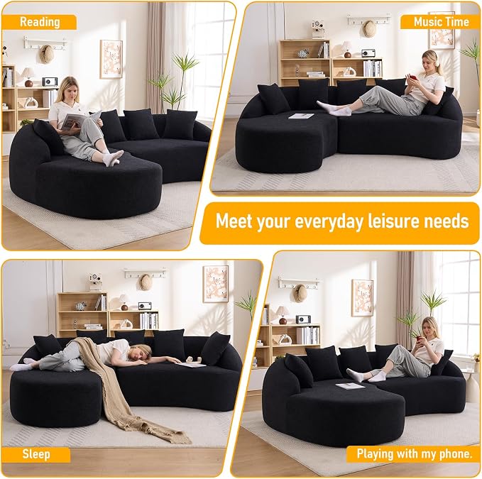 106.3" Curved Sofa with L-Shape Chaise,Modern Luxury Chenille 4-Seater Sofa,Curved Cloud Couch with 4 Throw Pillows for Living Room, Apartment (Black)