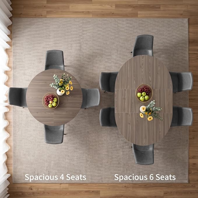 HIPIHOM 43.2" to 59.1" Extendable Round Dining Table Set for 6 Persons | Mid century modern oak, MDF board, scratch resistant & easy clean, space saving, fits 4-6 person