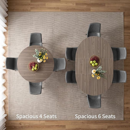 HIPIHOM 43.2" to 59.1" Extendable Round Dining Table Set for 6 Persons | Mid century modern oak, MDF board, scratch resistant & easy clean, space saving, fits 4-6 person