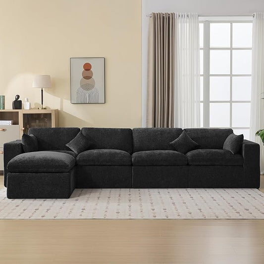 146''Cloud Boneless Sectional Couch, Modular Sectional Sofa Deep Seat with Ottoman, Oversized Upholstered Convertible Comfy 5 Seater Chenille Sofa L Shape Couches for Living Room, Dark
