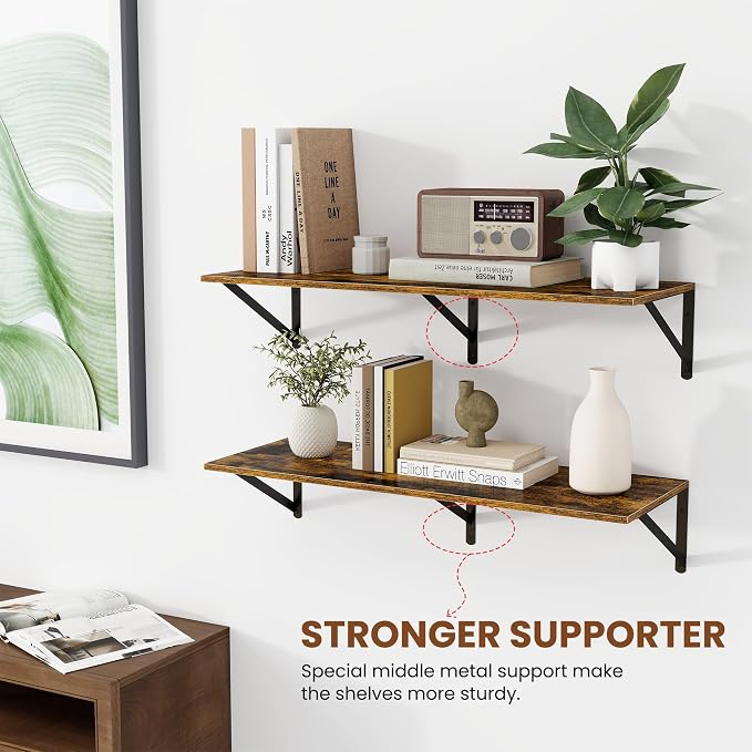 Heimlove Deep Floating Shelves for Wall, 32W x 12D Wood Wall Shelves Set of 2, Wide Floating Bookshelf for Living Room, Kitchen, Office, Bedroom and Decor Storage, with Metal Bracket - Rustic Brown