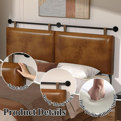 BSHOMGI King Headboard Only Wall Mount PU Leather Head Board Brown Hanging Headboards Industrial Pipe Modern Bed Backboard for Bedroom