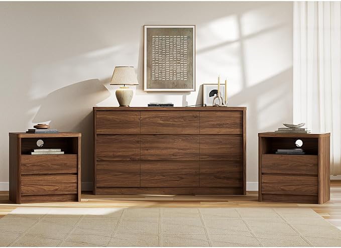 3 Pieces of Dresser and Nightstand Set,55 Inch Width 9-Drawer Dresser & 2-Drawer Nightstands Set of 2,Nightstand with USB&Type C Charging Station&Outlets, Modern Design for Bedroom, Walnut