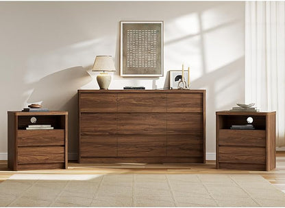 3 Pieces of Dresser and Nightstand Set,55 Inch Width 9-Drawer Dresser & 2-Drawer Nightstands Set of 2,Nightstand with USB&Type C Charging Station&Outlets, Modern Design for Bedroom, Walnut