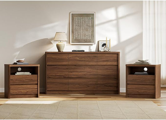 3 Pieces of Dresser and Nightstand Set,55 Inch Width 9-Drawer Dresser & 2-Drawer Nightstands Set of 2,Nightstand with USB&Type C Charging Station&Outlets, Modern Design for Bedroom, Walnut
