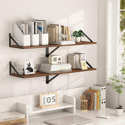 Heimlove Deep Floating Shelves for Wall, 32W x 12D Wood Wall Shelves Set of 2, Wide Floating Bookshelf for Living Room, Kitchen, Office, Bedroom and Decor Storage, with Metal Bracket - Rustic Brown