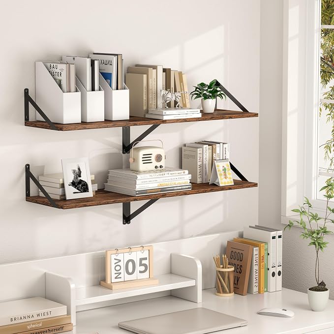 Heimlove Deep Floating Shelves for Wall, 20W x 12D Wood Wall Shelves Set of 2, Wide Floating Bookshelf for Living Room, Kitchen, Office, Bedroom and Decor Storage, with Metal Bracket - Rustic Brown