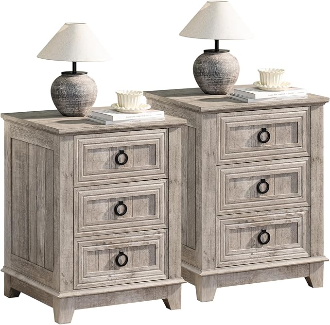Joaxswe Farmhouse Night Stand Set of 2, 18" End Table with 3 Drawer Metal Handle, Dresser for Bedroom, Sofa Bed Side Table Chest of Drawers,Wood Nightstand Cabinet for Organizer, Living Room-Oak