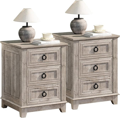 Joaxswe Farmhouse Night Stand Set of 2, 18" End Table with 3 Drawer Metal Handle, Dresser for Bedroom, Sofa Bed Side Table Chest of Drawers,Wood Nightstand Cabinet for Organizer, Living Room-Oak