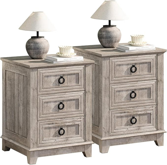 Joaxswe Farmhouse Night Stand Set of 2, 18" End Table with 3 Drawer Metal Handle, Dresser for Bedroom, Sofa Bed Side Table Chest of Drawers,Wood Nightstand Cabinet for Organizer, Living Room-Oak