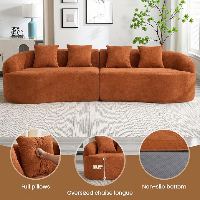 110" Boneless 4 Seater Sofa Couch, Modern Oversized Curved Cloud Sofa, Chenille 4-Seater Deep Seat Sectional Couches for Living Room, No Assembly, Orange