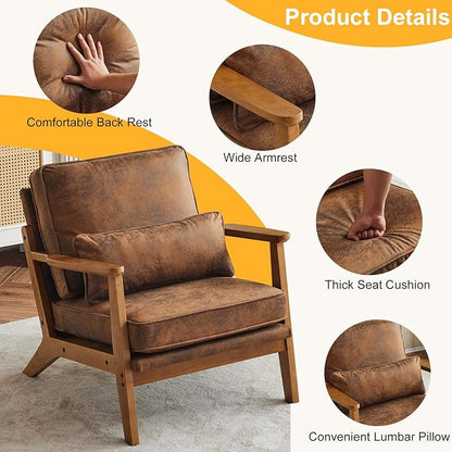 Karl home Mid-Century Lounge Accent Chair, Brown | Wide Curved Armrest, Bronzing Cloth, Lumbar Pillow Included, Solid Wood Frame, For Living Room, Bedroom, Balcony, Apartment