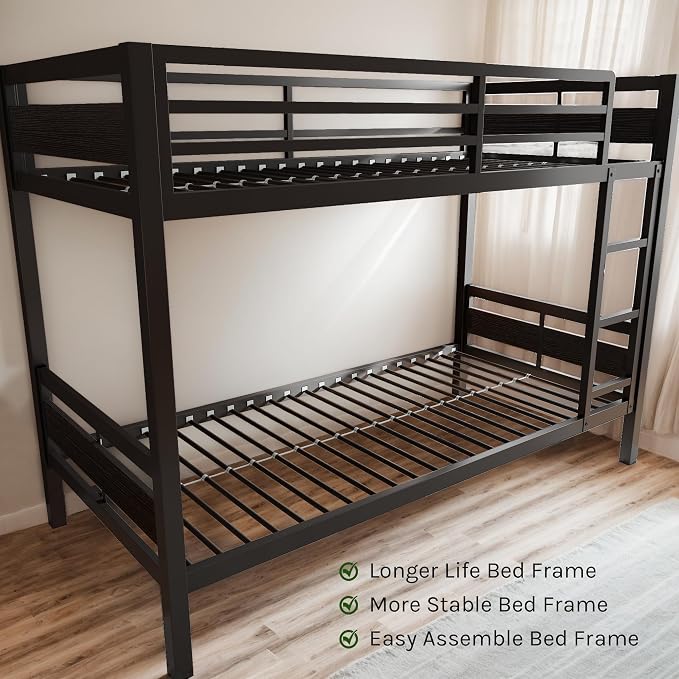 Bunk Bed Twin Over Twin, Heavy Duty Metal Bunkbeds with Full-Length Guardrail, Space-Saving Steel Bed for Kids & Adults, No Box Spring Required, Black