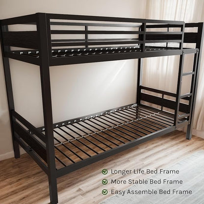 Bunk Bed Twin Over Twin, Heavy Duty Metal Bunkbeds with Full-Length Guardrail, Space-Saving Steel Bed for Kids & Adults, No Box Spring Required, Black