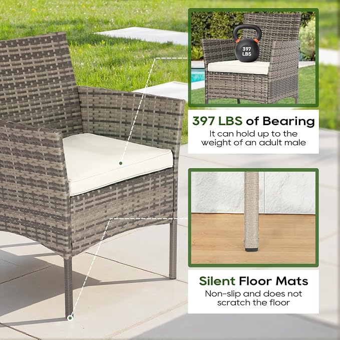 FDW | 3-Piece Patio Furniture Set | Gray & Khaki | Outdoor Wicker Furniture with Coffee Table | Modern Rattan Chairs Conversation Set | Outdoor Seating | Weather-Resistant | for Porch, Garden, Lawn