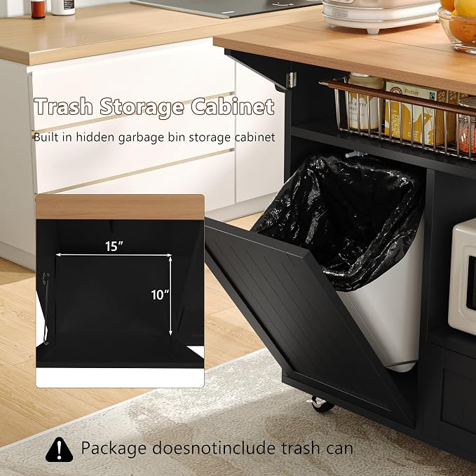 Einhomn 65" Kitchen Island with Power Outlet & Drop Leaf, Island Table for Kitchen with Trash Can Storage, Mobile Rolling Kitchen Islands on Wheels with Spice Rack, Towel Rack & 4 Side Hooks, Black