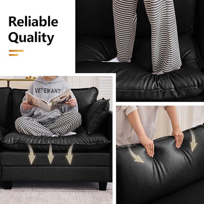147'' Sectional Cloud Deep Seat Couch, Oversized Leather U Shaped Sectional Sofa for Living Room Set, Comfy Upholstered Modular Sectional Sofa Couch with Movable Ottoman, Leather Black