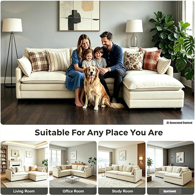 Modular Sectional Sofa with Ottoman: 76.7" Modern L Shaped Sectionals Cloud Couch, Comfy Couch Loveseat, 3 Seat Chenille Deep Seat Sofa with Pillow for Living Room,Bedroom Apartment,Small Spaces-Beige