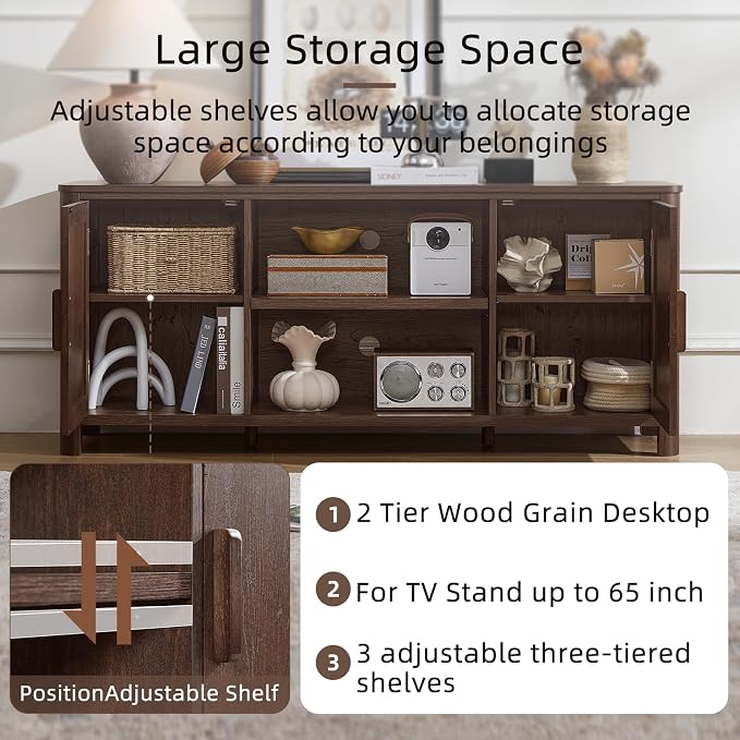 Joaxswe Farmhouse 55" Entertainment Center,Walnut Tv Stand with Adjustable Shelves & 2 Door Storage,Wooden Media Console Cabinet for TVs Up to 65 inches, Rustic Tv Stands for Living Room,Bedroom