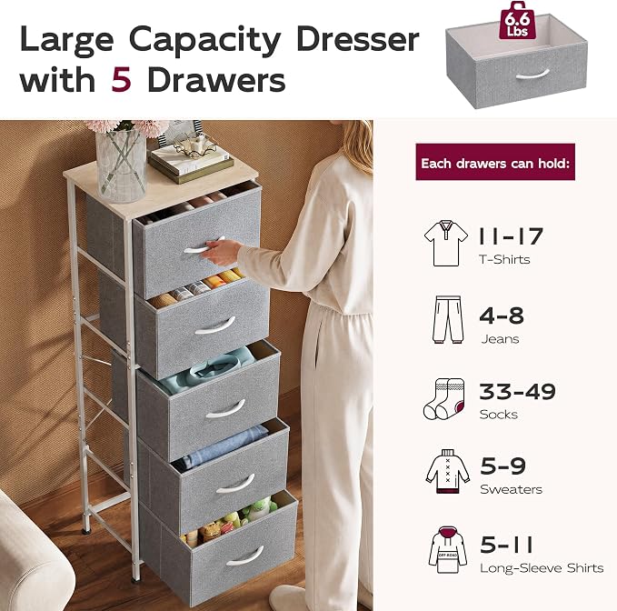 WLIVE Fabric Dresser, 5-Drawer Tall Dressers for Bedroom, Storage Dresser Organizer with Fabric Bins, Wood Top, Sturdy Steel Frame, Chest of Drawers for Closet, Hallway, Light Grey