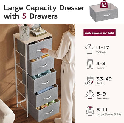 WLIVE Fabric Dresser, 5-Drawer Tall Dressers for Bedroom, Storage Dresser Organizer with Fabric Bins, Wood Top, Sturdy Steel Frame, Chest of Drawers for Closet, Hallway, Light Grey