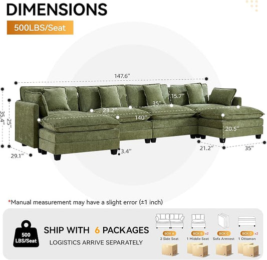 147'' Sectional Cloud Deep Seat Couch, Oversized Chenille U Shaped Sectional Sofa for Living Room Set, Comfy Upholstered Modular Sectional Sofa Couch with Movable Ottoman, Green