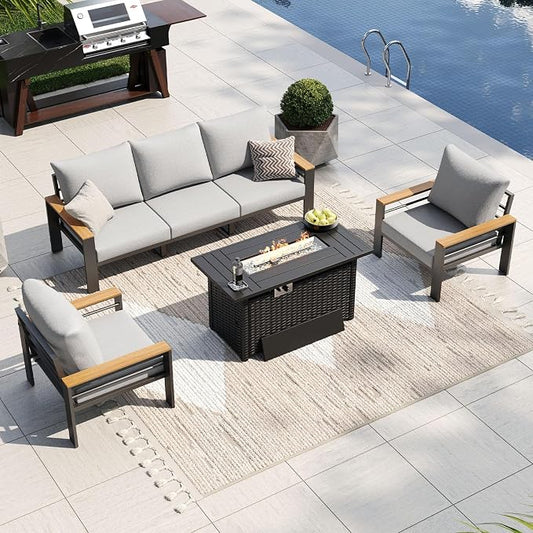 Aoxun Patio Furniture Set, Aluminum Patio Set with Fire Pit Table and 5" Thicken & Washable Cushion, Waterproof Outdoor Furniture, Outdoor Couch Sectional for Backyard (5 Seats/F, Grey)