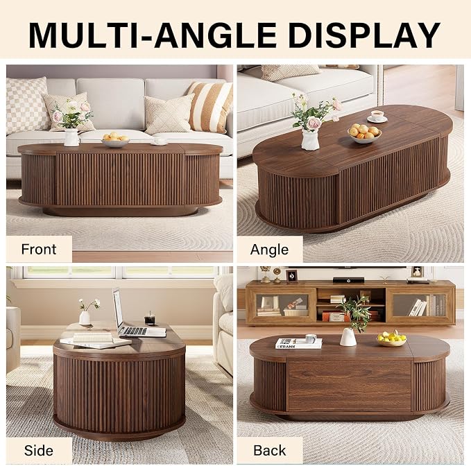 HSH 47" Oval Coffee Table with Storage, Walnut Coffee Table for Living Room | Modern Center Table with Press Type Door, Fluted Living Room Tables with 2 Flip-Top Hidden Lids, Wood Table