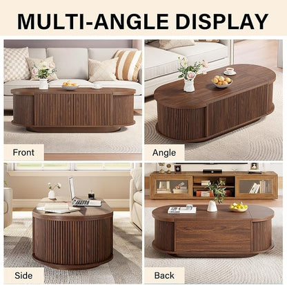 HSH 47" Oval Coffee Table with Storage, Walnut Coffee Table for Living Room | Modern Center Table with Press Type Door, Fluted Living Room Tables with 2 Flip-Top Hidden Lids, Wood Table