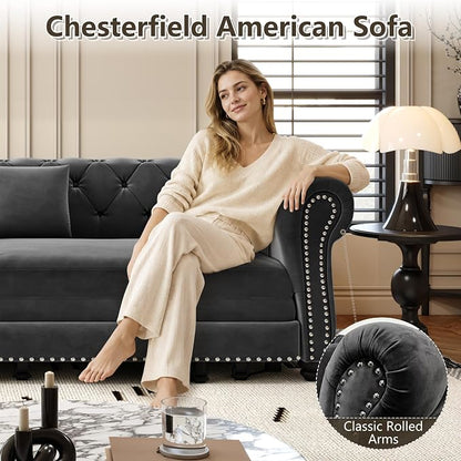 89'' Pull Out Sofa Bed King, Chesterfield Velvet Sleeper Sofa, Convertible L-Shaped Futon Couch, Tufted Back, 4 Pillows, Ottoman, Deep Seat Loveseat Couches for Living Room, Apartment, Gray