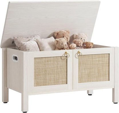 SICOTAS Rattan Storage Bench Boho Storage Chest with 2 Safety Hinges | Wood Storage Truck Box for Bedroom, Living Room, Entryway, Supports 220 lb, White Oak
